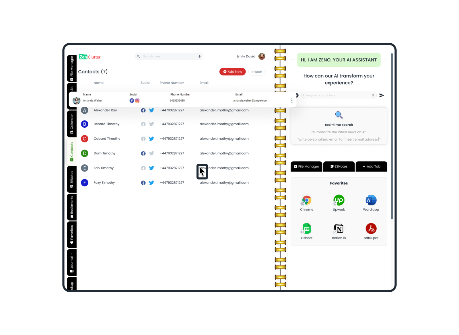 The Contacts module showing client details and attached notes