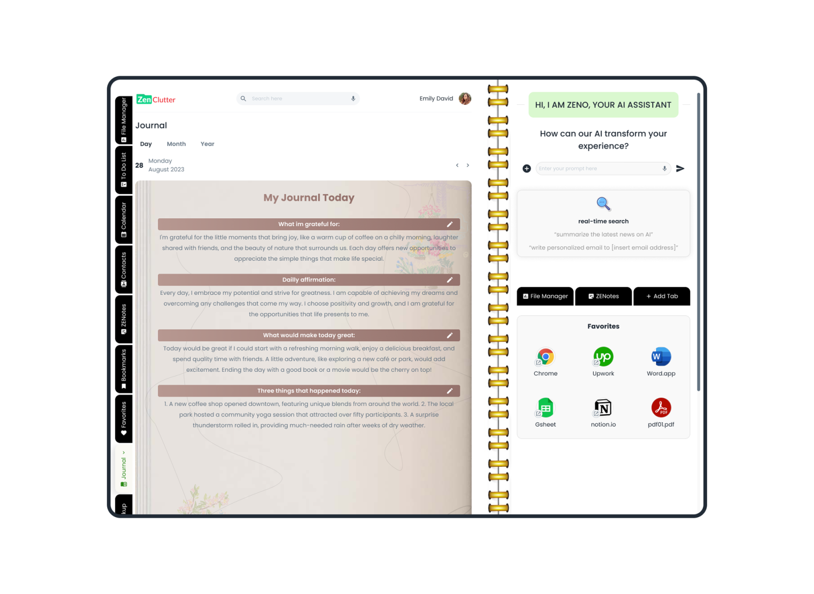 ZENotes grouped into reminders, meetings and contacts