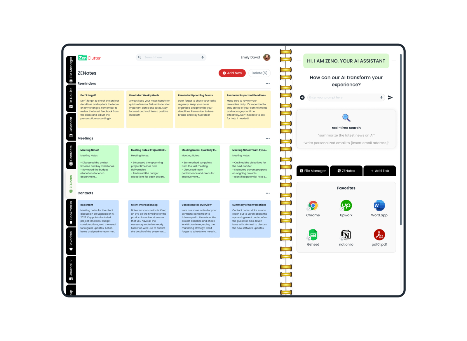 The Zen Clutter desktop workspace, with colour-coded notes beside the Zeno assistant