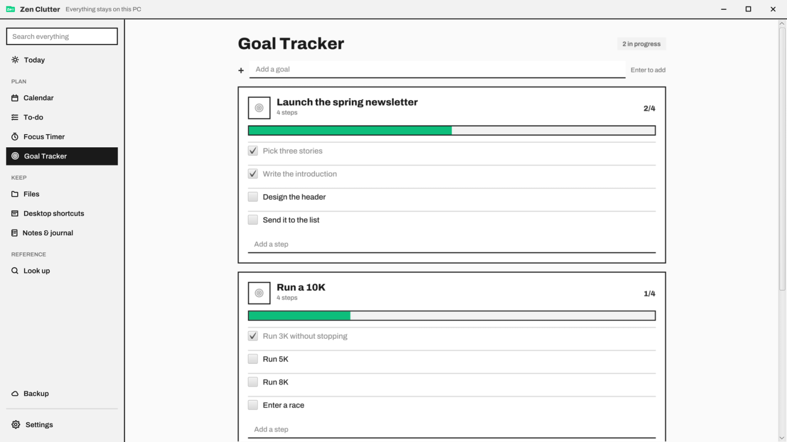 Goal Tracker with goals broken into steps