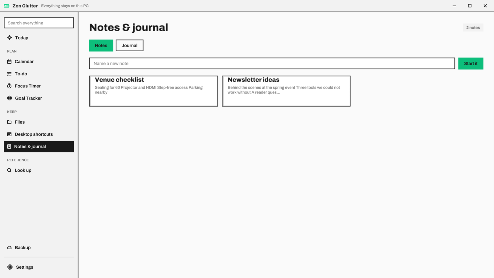 Notes and journal on one screen