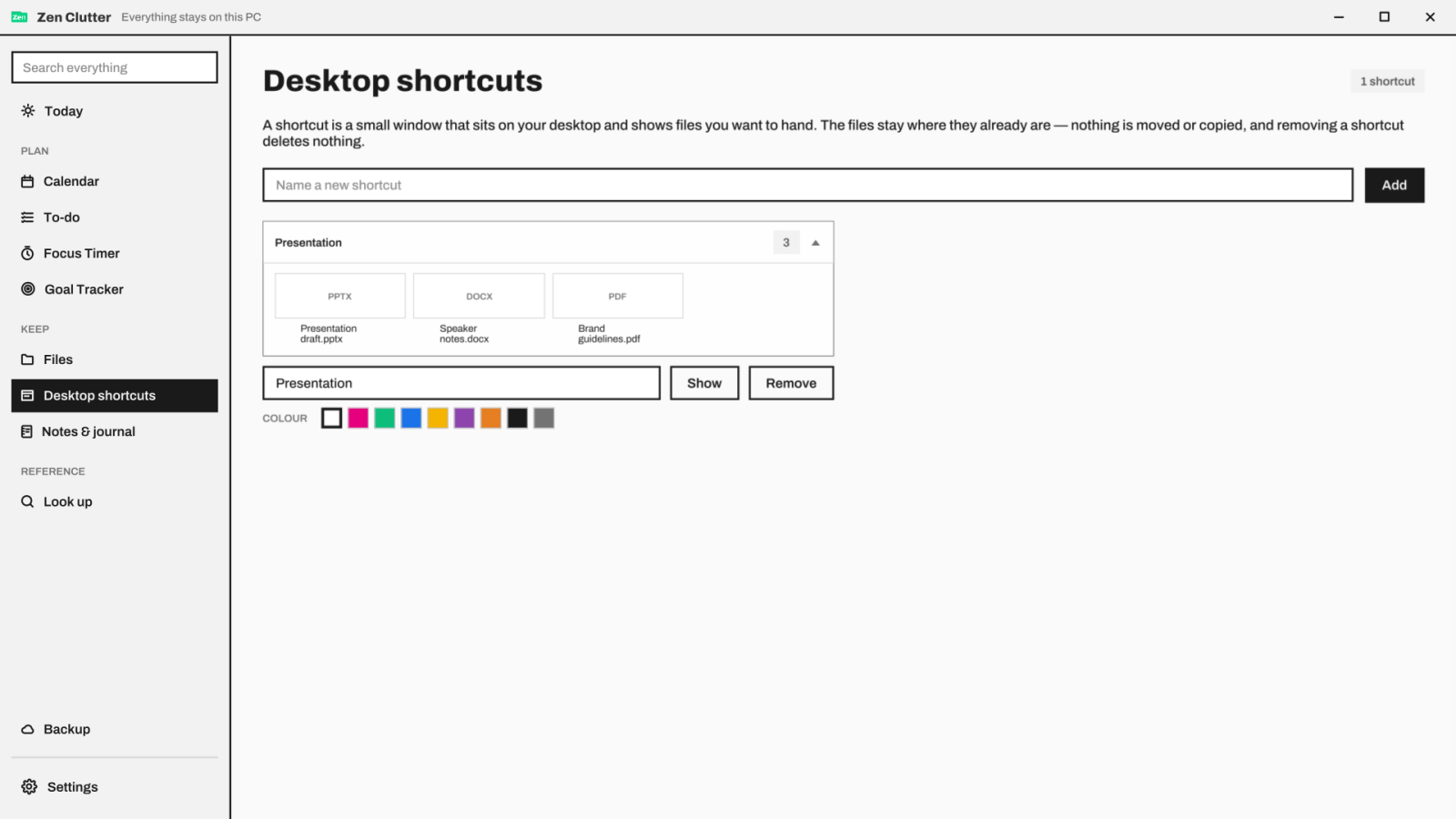A desktop shortcut gathering three files for a presentation